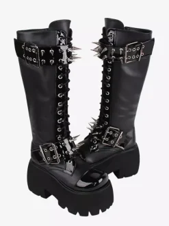 Gothic Lolita Boots Black Grommets Rivets Metallic Round Toe PU Leather Lolita Footwear
