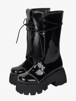 Gothic Lolita Boots Black Lace up Glitter Round Toe PU Leather Lolita Footwear