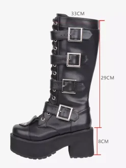 Gothic Lolita Boots Black Round Toe PU Leather Chunky Heel Knee High Lolita Shoes