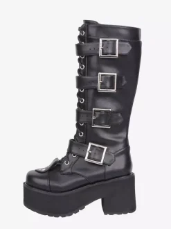 Gothic Lolita Boots Black Round Toe PU Leather Chunky Heel Knee High Lolita Shoes