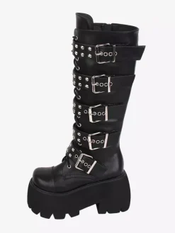 Gothic Lolita Boots PU Leather Glitter Metallic Rivets Grommets Round Toe Black Lolita Footwear