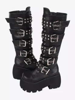 Gothic Lolita Boots PU Leather Glitter Metallic Rivets Grommets Round Toe Black Lolita Footwear
