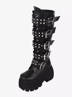 Gothic Lolita Boots PU Leather Glitter Metallic Rivets Grommets Round Toe Black Lolita Footwear