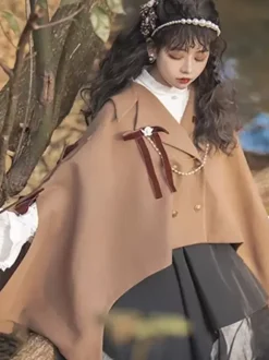 Gothic Lolita Cape Black Polyester Chains Bows Winter Lolita Outwears