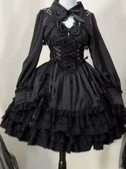 Gothic Lolita Dress Black Sleeveless JSK with Bows and Ruffles Kawaii Fashion