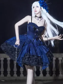 Gothic Lolita Dresses Blue Bows Lace Up JSK Ruffles Lolita Short Dress