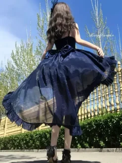 Gothic Lolita Dresses Blue Bows Lace Up JSK Ruffles Lolita Short Dress
