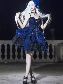 Gothic Lolita Dresses Blue Bows Lace Up JSK Ruffles Lolita Short Dress
