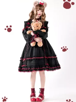 Gothic Lolita Dresses Bows Lace Color Block Black Black