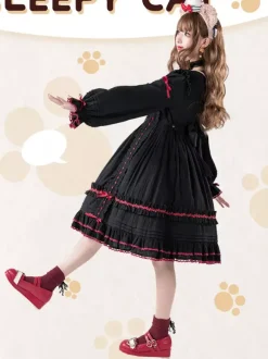 Gothic Lolita Dresses Bows Lace Color Block Black Black