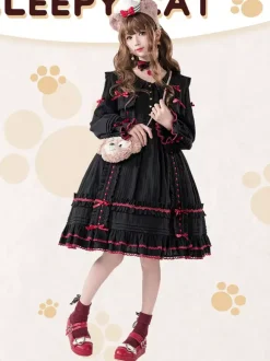Gothic Lolita Dresses Bows Lace Color Block Black Black