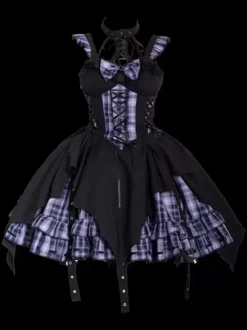 Gothic Lolita Dresses Grommets Lace Up Plaid Black Red