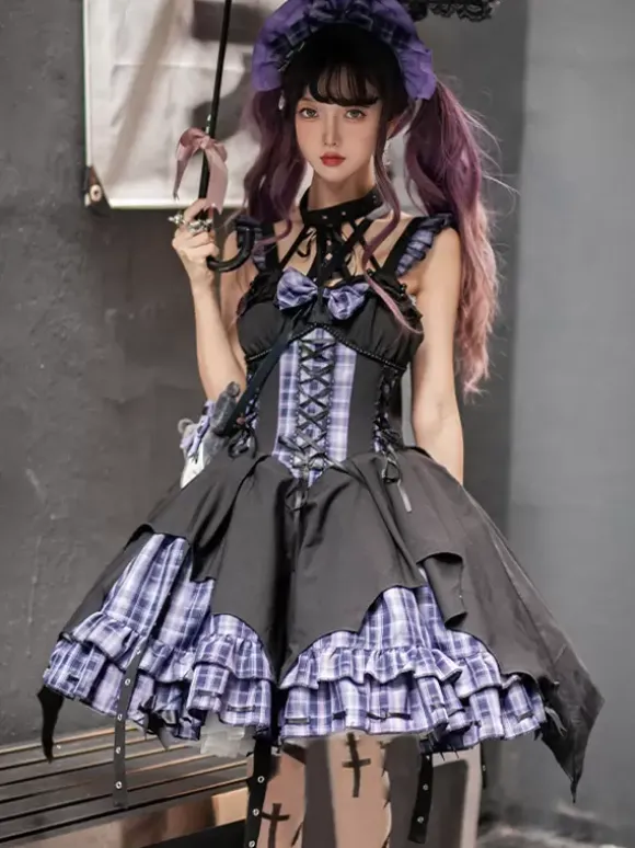 Gothic Lolita Dresses Grommets Lace Up Plaid Black Red