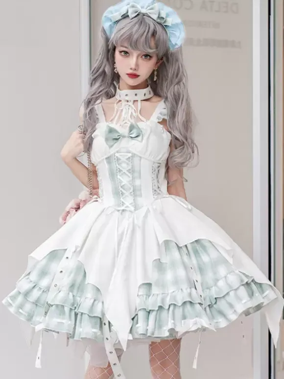 Gothic Lolita Dresses Grommets Lace Up Plaid Black Red