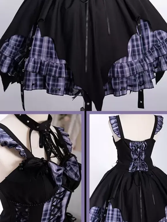 Gothic Lolita Dresses Grommets Lace Up Plaid Black Red