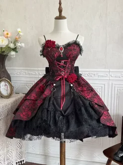 Gothic Lolita Dresses Lace Flowers Jacquard Burgundy Black & Red JSK