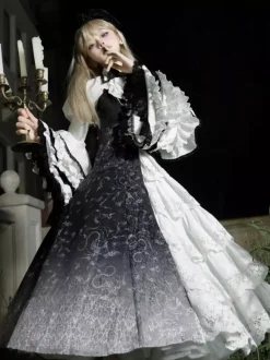 Gothic Lolita Dresses Lace Floral Print Black Black