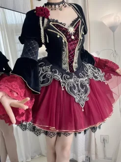 Gothic Lolita Dresses Lace Rose Floral Print Burgundy Black & Red Lolita Dress
