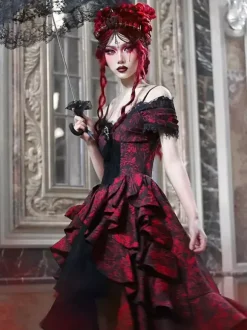 Gothic Lolita Dresses Lace Ruffles Red Voluminous Short Sleeves Jacquard Off-Shoulder Baroque Bustier Dress