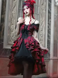 Gothic Lolita Dresses Lace Ruffles Red Voluminous Short Sleeves Jacquard Off-Shoulder Baroque Bustier Dress