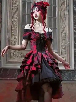 Gothic Lolita Dresses Lace Ruffles Red Voluminous Short Sleeves Jacquard Off-Shoulder Baroque Bustier Dress