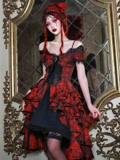 Gothic Lolita Dresses Lace Ruffles Red Voluminous Short Sleeves Jacquard Off-Shoulder Baroque Bustier Dress
