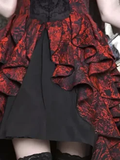 Gothic Lolita Dresses Lace Ruffles Red Voluminous Short Sleeves Jacquard Off-Shoulder Baroque Bustier Dress
