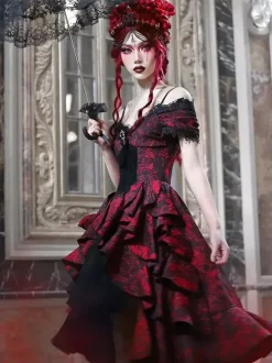 Gothic Lolita Dresses Lace Ruffles Red Voluminous Short Sleeves Jacquard Off-Shoulder Baroque Bustier Dress