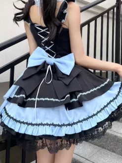 Gothic Lolita Dresses Lace Up Lace Color Block Pink Light Sky Blue JSK