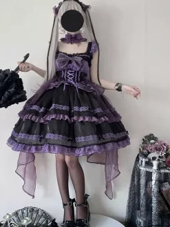 Gothic Lolita Dresses Lace Up Bows Color Block Lace Trim Slip Dress