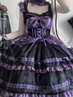 Gothic Lolita Dresses Lace Up Bows Color Block Lace Trim Slip Dress