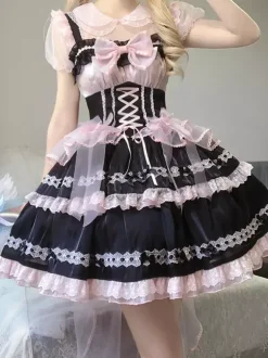Gothic Lolita Dresses Lace Up Bows Color Block Lace Trim Slip Dress