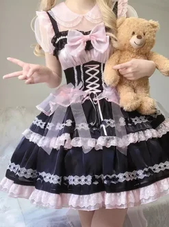 Gothic Lolita Dresses Lace Up Bows Color Block Lace Trim Slip Dress