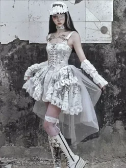 Gothic Lolita Dresses Lace Up Ruffles Floral Print Ecru White JSK