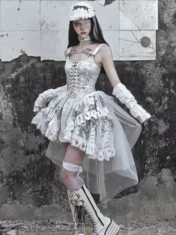 Gothic Lolita Dresses Lace Up Ruffles Floral Print Ecru White JSK