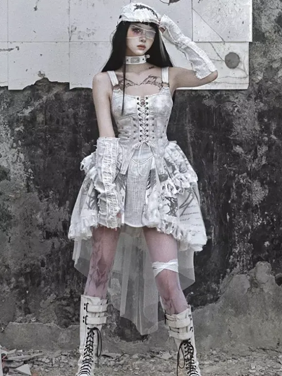 Gothic Lolita Dresses Lace Up Ruffles Floral Print Ecru White JSK