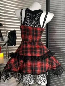 Gothic Lolita Dresses Lace Up Plaid Red And Black Gray Sleeveless Punk Halter Neck JSK