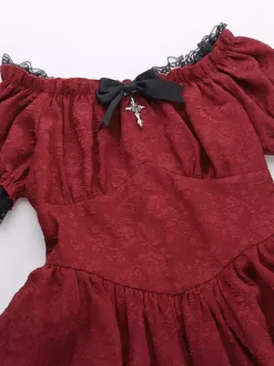 Gothic Lolita Dresses Lace Up Ruffles Jacquard Color Block Red Red