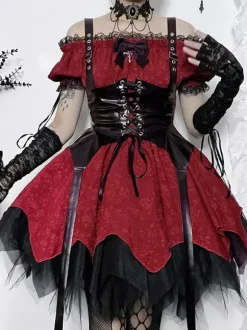 Gothic Lolita Dresses Lace Up Ruffles Jacquard Color Block Red Red