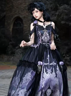 Gothic Lolita Dresses Lace Up Flowers Skeleton Cross Black Top Long Skirt Sets