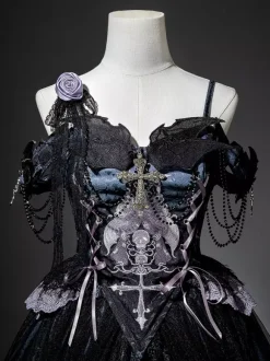 Gothic Lolita Dresses Lace Up Flowers Skeleton Cross Black Top Long Skirt Sets