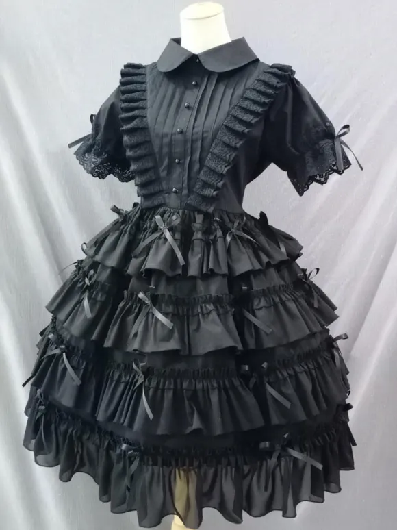 Gothic Lolita Dresses Pleated Bows Black Black