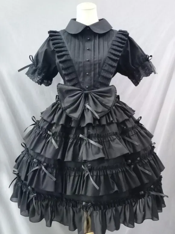 Gothic Lolita Dresses Pleated Bows Black Black