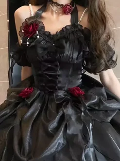 Gothic Lolita Dresses Ruffles Bows Black JSK Gorgeous French Romantic Lolita Princess Dress