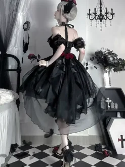 Gothic Lolita Dresses Ruffles Bows Black JSK Gorgeous French Romantic Lolita Princess Dress