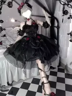 Gothic Lolita Dresses Ruffles Bows Black JSK Gorgeous French Romantic Lolita Princess Dress