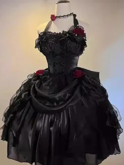 Gothic Lolita Dresses Ruffles Bows Black JSK Gorgeous French Romantic Lolita Princess Dress