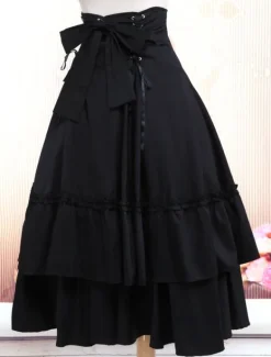 Gothic Lolita Dress SK Black Lace Up Ruffle Tiered Cotton Lolita Skirt