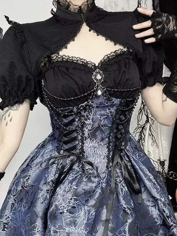 Gothic Lolita Floral Pattern Slip Dress And Lace Smock Set Cosplay Suit
