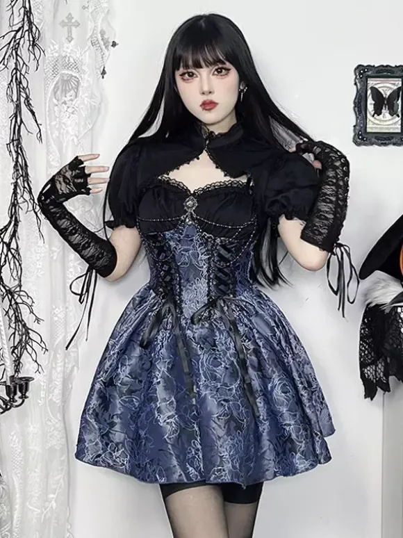 Gothic Lolita Floral Pattern Slip Dress And Lace Smock Set Cosplay Suit
